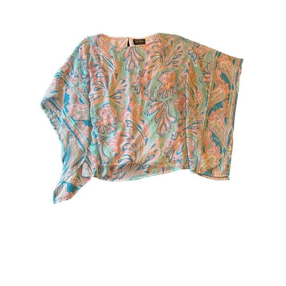 Bob Mackie Blue Pink Abstract Sequin Flutter Sleeve Top Size X Small - Picture 1 of 6